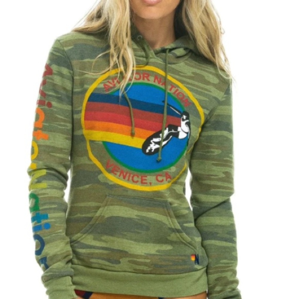 Aviator Nation Green Graphic Long Sleeve Hoodie
